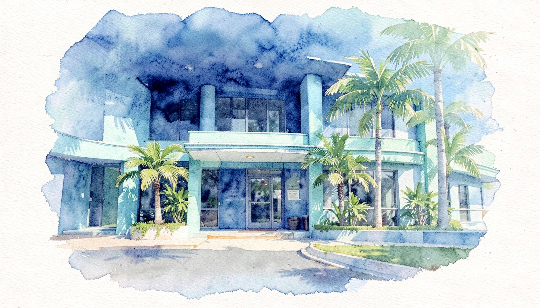 Watercolour of a modern boutique motel with pastel turquoise accents and palm planters, midday sun