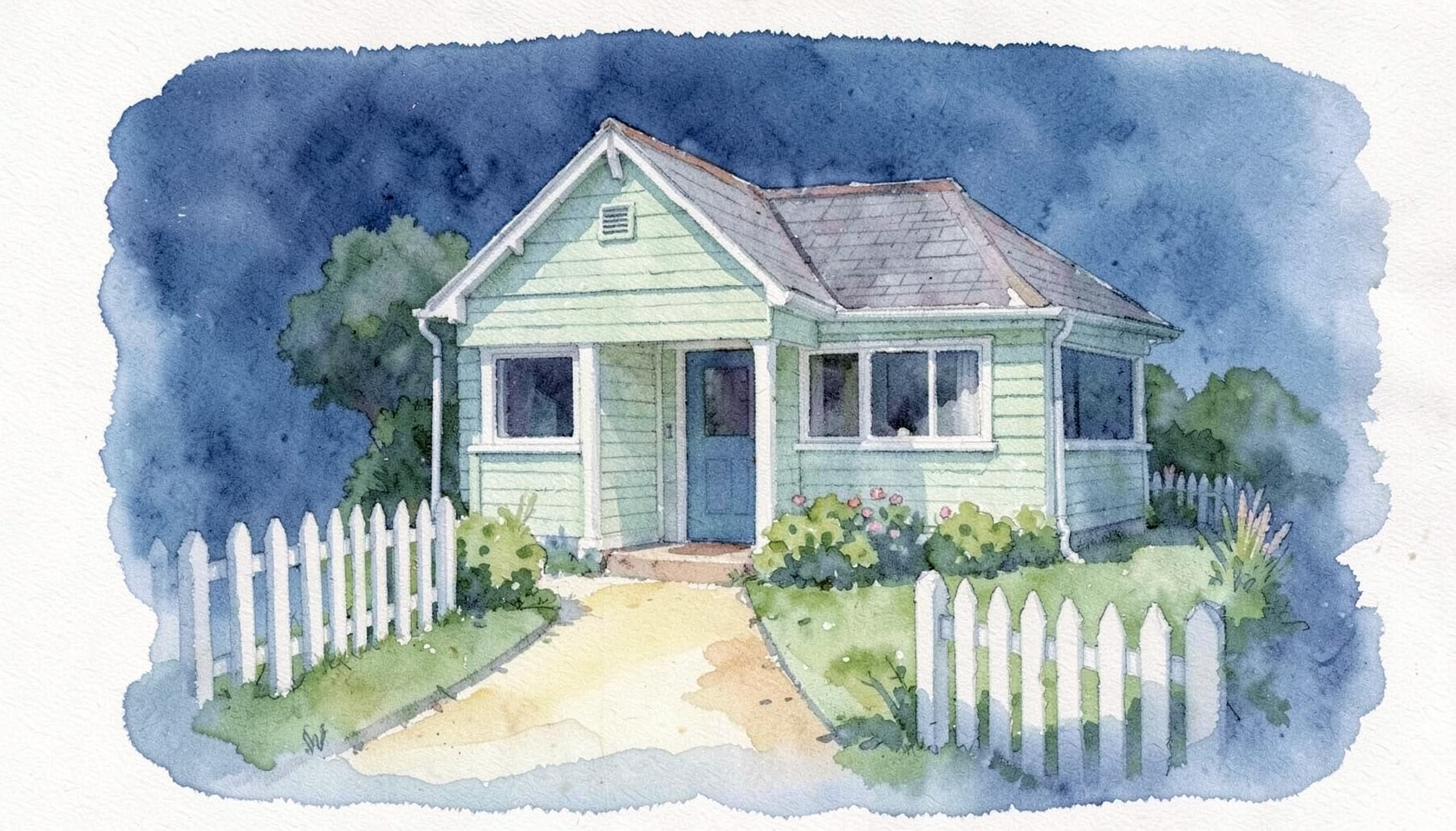 Watercolour of a quaint cottage-style inn with a garden path, soft sage green siding and white picket fence
