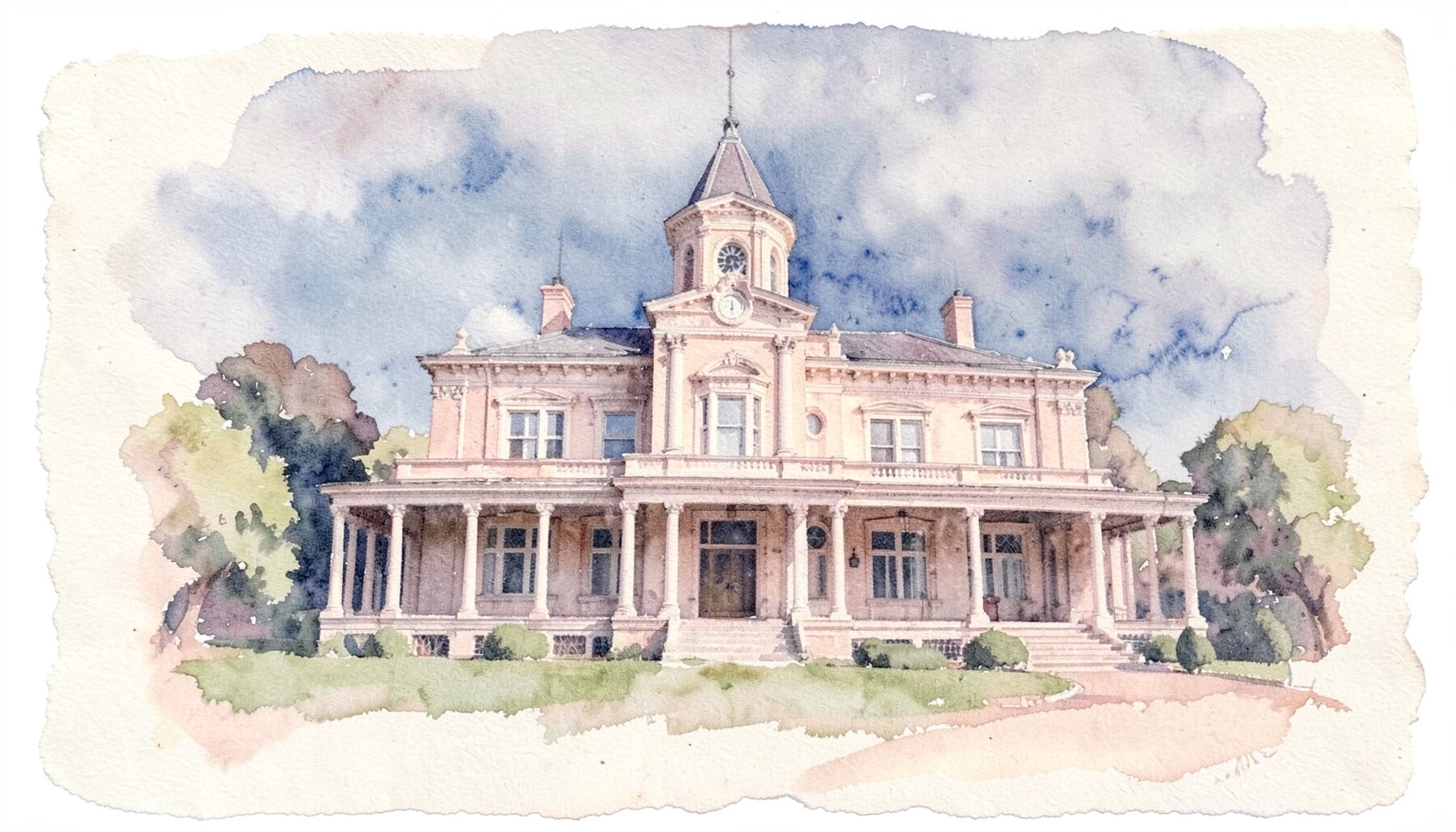 Watercolour of a grand Victorian-style hotel with a turret and wide veranda, painted in cream and dusty rose
