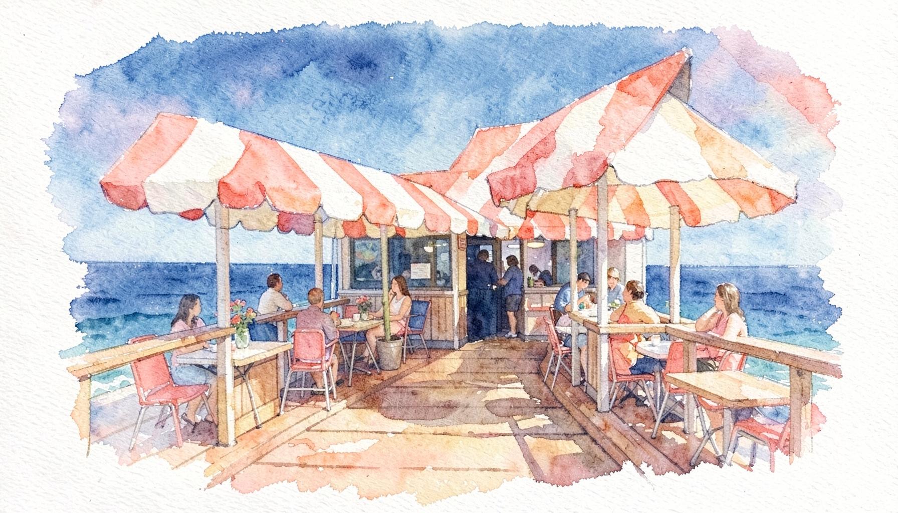 Soft watercolour of a lively boardwalk eatery with striped awnings in coral and cream, ocean breeze feel