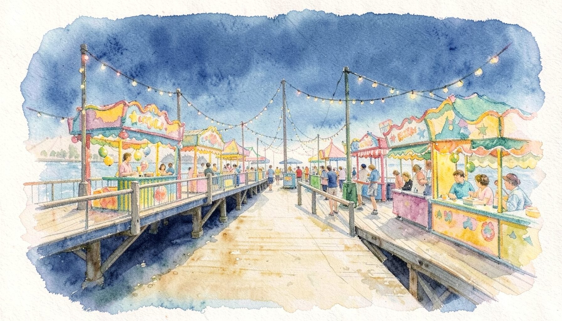 A soft watercolour painting of a classic boardwalk amusement pier with colorful carnival game booths and string lights, in warm yellows, teal, and cream tones