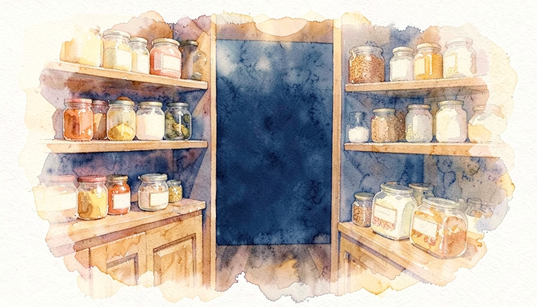 Soft watercolour of a specialty food shop with jars and packaged goods on wooden shelves, warm amber and cream tones