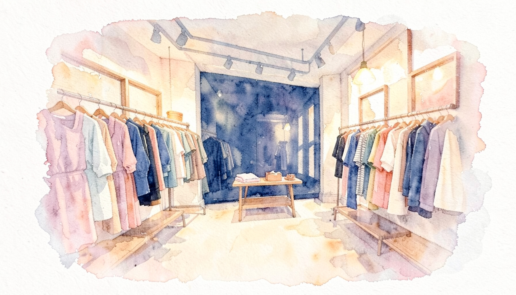Soft watercolour of a boutique shop interior with clothing racks and warm lighting, cream and blush tones