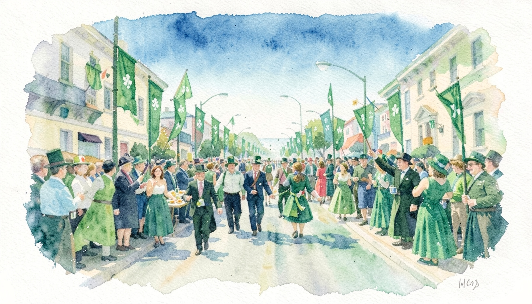 A soft watercolour painting of a St. Patrick's Day parade with green banners and a festive crowd along a sunny coastal street, in shades of emerald, cream, and sky blue.