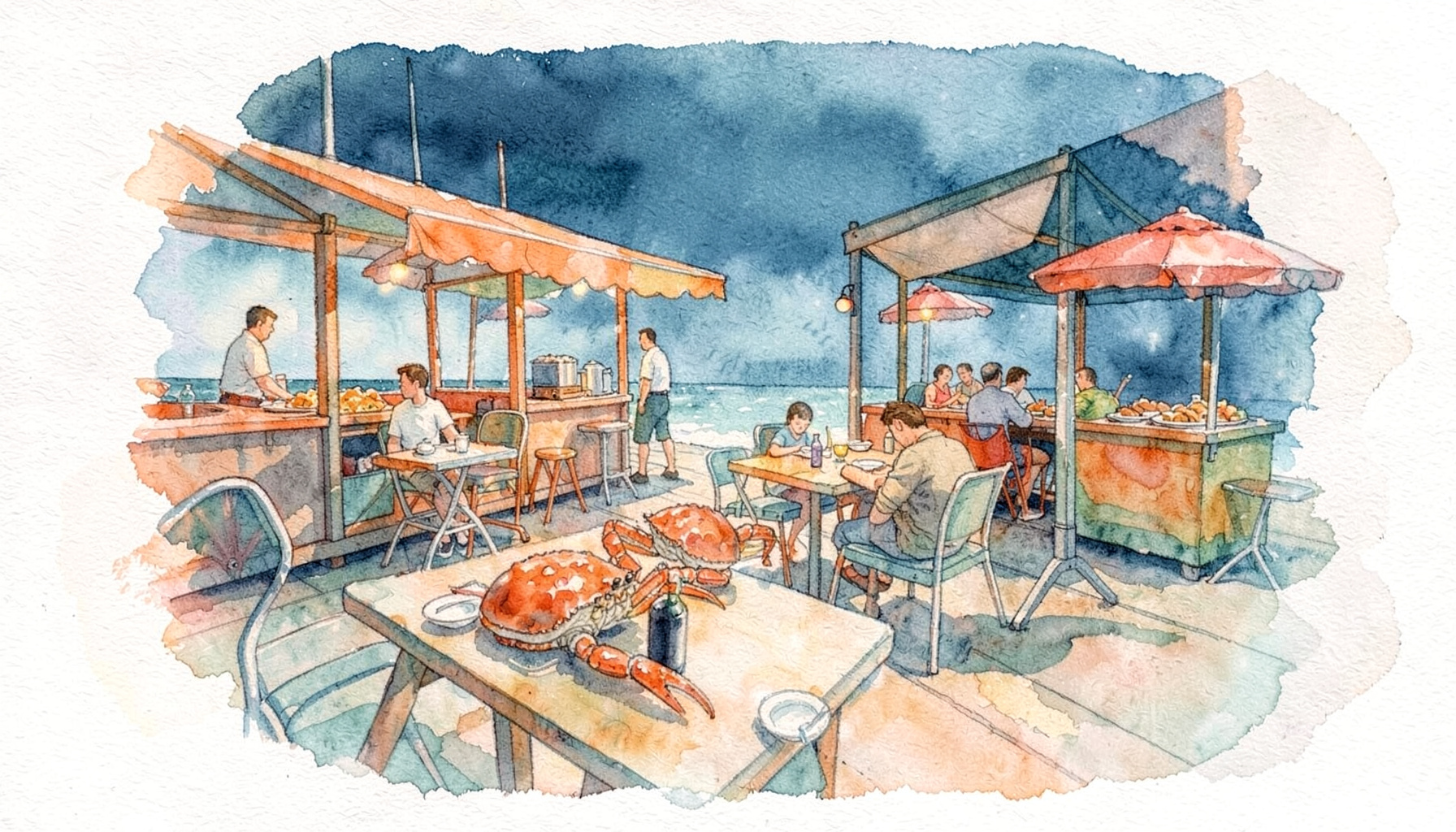 Watercolour illustration of a casual seaside dining scene with crab and boardwalk food stalls in warm orange and teal tones